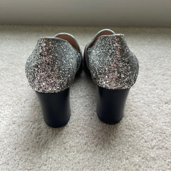 GUCCI Peyton Glitter Block Heel Loafers In Argento Silver - Picture 4 of 12